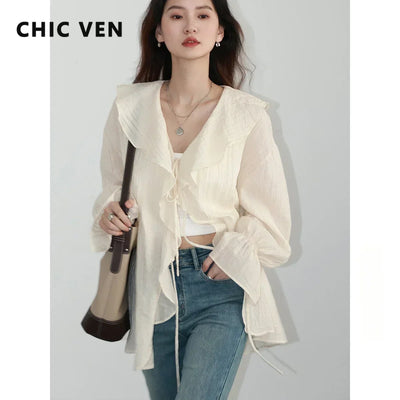 CHIC VEN Women Shirt Loose Casual Ruffled Edges Female Blouses V Neck Lace Up Mid Length Woman Shirts Spring Summer 2024 - Smarsty