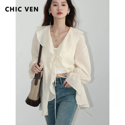 CHIC VEN Women Shirt Loose Casual Ruffled Edges Female Blouses V Neck Lace Up Mid Length Woman Shirts Spring Summer 2024 - Smarsty