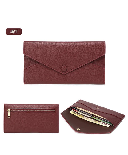 RFID Anti-Theft Purse for Women, Lychee Print, Soft Leather, Envelope Long Wallet, Ultra-thin, Portable, Simple Hand Bag