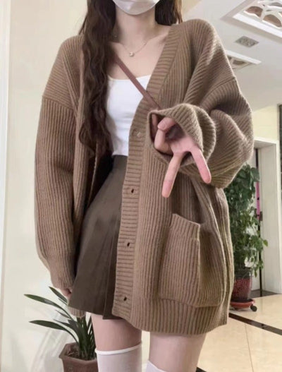 Autumn Winter Women Cardigan Sweater Coats Fashion Female Long Sleeve V-neck Loose Knitted Jackets Casual Sweater Cardigans - Smarsty