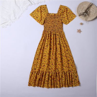 Spring Summer Chiffon Dress Women Midi DressesFemale Short Sleeve Elastic Waist Printed Floral Pleated Backless Casual Dress - Smarsty
