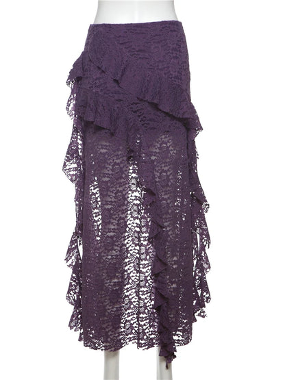 Nibber Tassels Women Skirts Irregular Hem Multi-Layered Ruffles Lace Patchwork Sweet Summer Trend Daily Skinny Versatile Bottoms - Smarsty