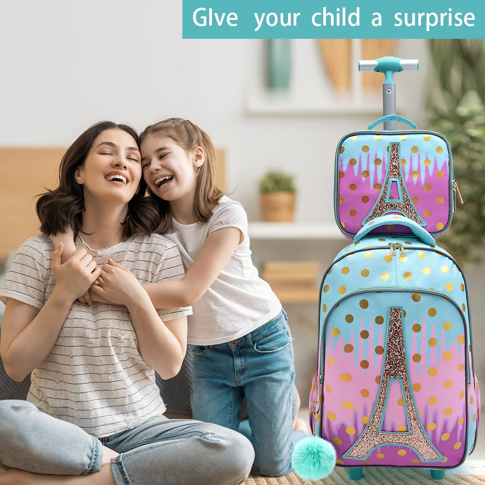 Pink Rolling Backpack For Girls With Glow In The Dark - Smarsty