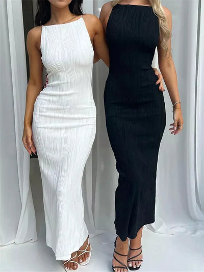 Sexy Women Long Dress Ruched Sleeveless Slim Solid Summer Party Back Split Dress Clubwear Female Vestido Outfits - Smarsty