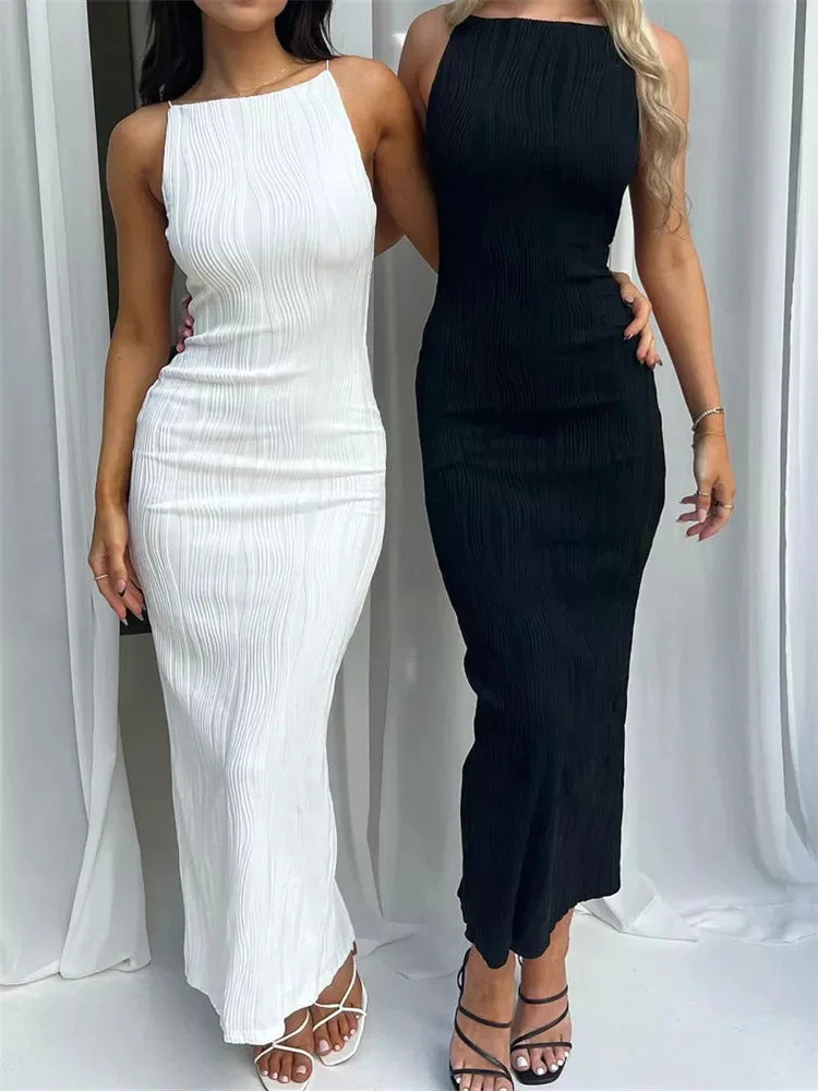 Sexy Women Long Dress Ruched Sleeveless Slim Solid Summer Party Back Split Dress Clubwear Female Vestido Outfits - Smarsty