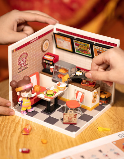 Robotime Rolife Super Creator Series Plastic Dollhouse Building Blocks for Kids Yum Burgers Leisurely Cheers Bar Sweet Sips Tea