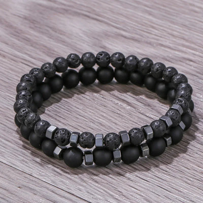 Frosted Black Volcanic Stone Men's Bracelet Set - Smarsty