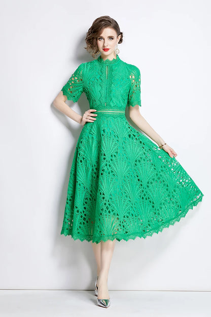 H Han Queen Spring New Elegant Casual Work Party Dresses Floral Crochet Hollow Out Lace Patchwork Casual Office Midi Dress - Smarsty