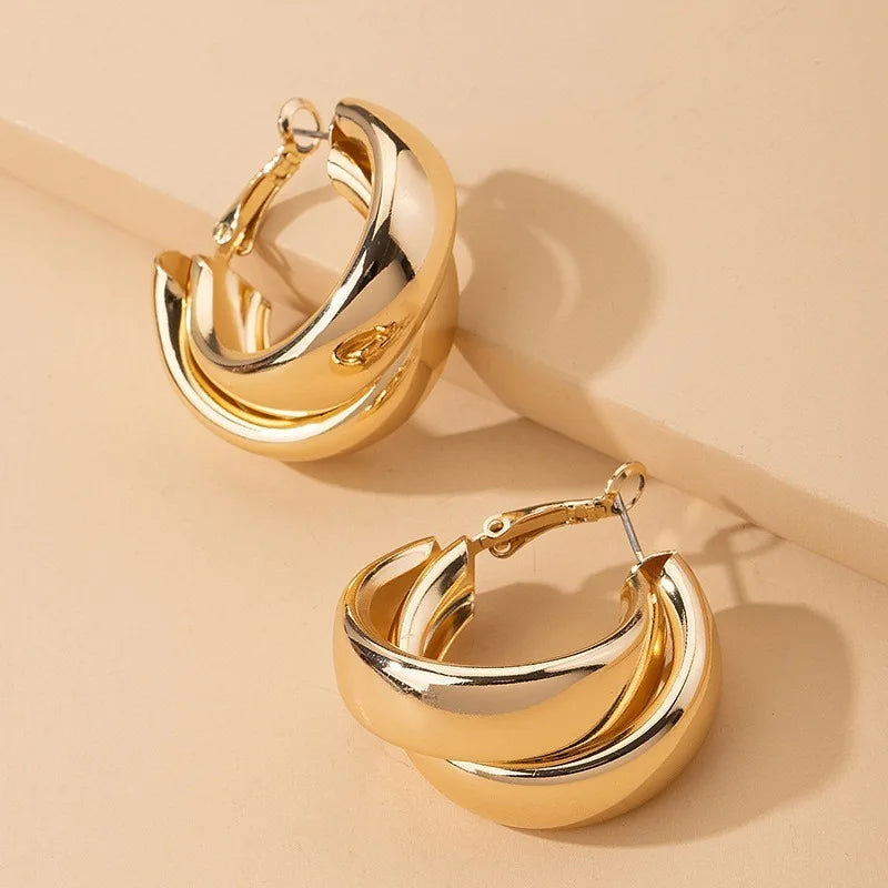Chunky Hoop Earrings Gold Double Ring Statement Bold - Smarsty