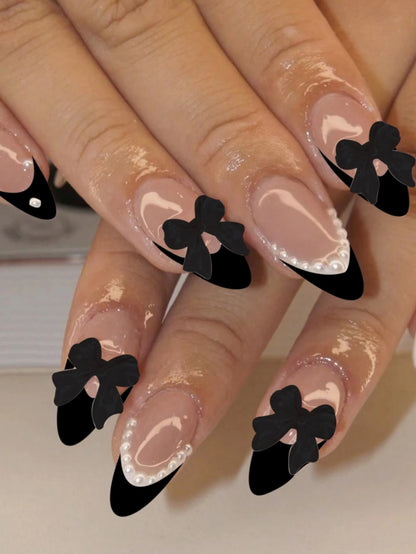Pink Bowknot Stiletto Press On Nails 24PCS Full Cover - Smarsty