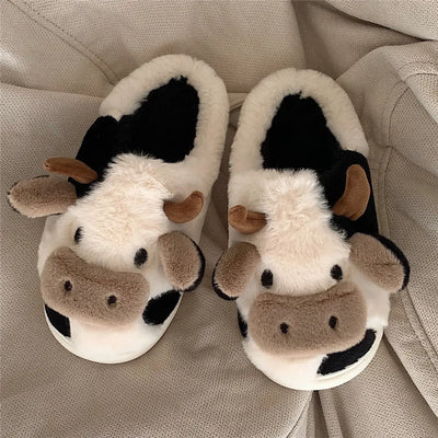 Winter Home Slippers for Couples Warm Plush Neutral Cartoon Cow Indoor Anti Slip Comfortable Cotton Slippers for Men and Women - Smarsty