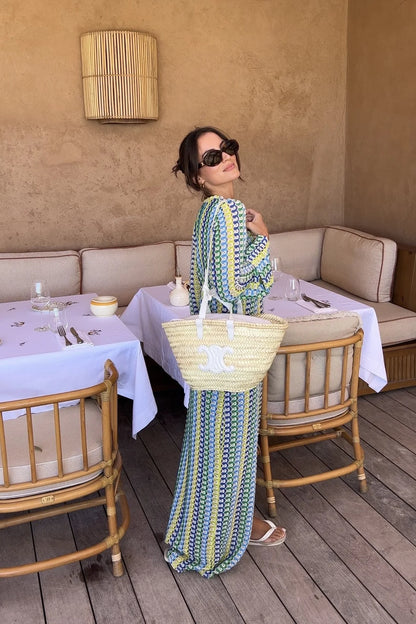 Crochet Colorful Stripe Maxi Dress Women Flare Sleeve V-neck High Split Sexy Long Dresses 2025 New Autumn Beach Banquet Vestidos - Smarsty