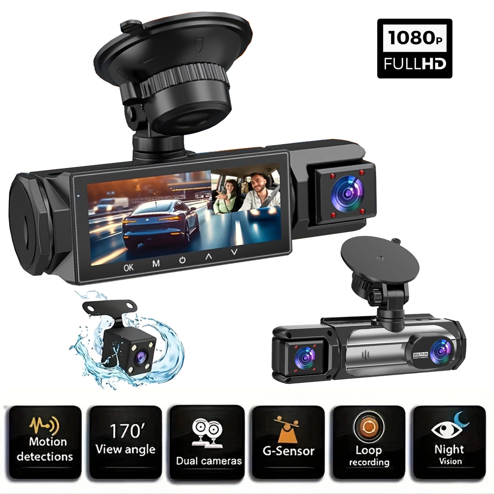 1080P 3 Camera Dash Cam Front and Rear Night Vision - Smarsty
