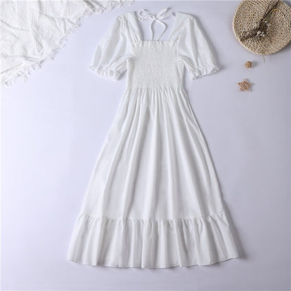 Summer Pleated Women Chiffon Dresses Casual Beach Holiday Short Sleeve Square Collar Woman Midi Dress Bohemian Mujer Vestidos - Smarsty