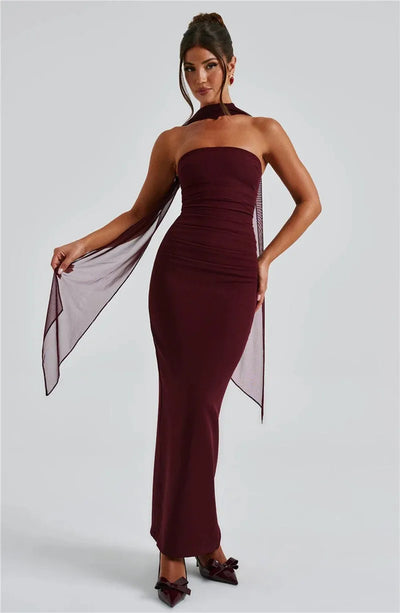 Mozision Scarf Collar Strapless Sexy Maxi Dress For Women Fashion Off-shoulder Backless Bodycon Club Party Long Dress Elegant - Smarsty