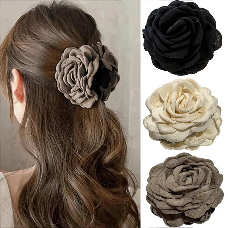 French Fabric Rose Hair Claw Clip Elegant Gift For Women - Smarsty