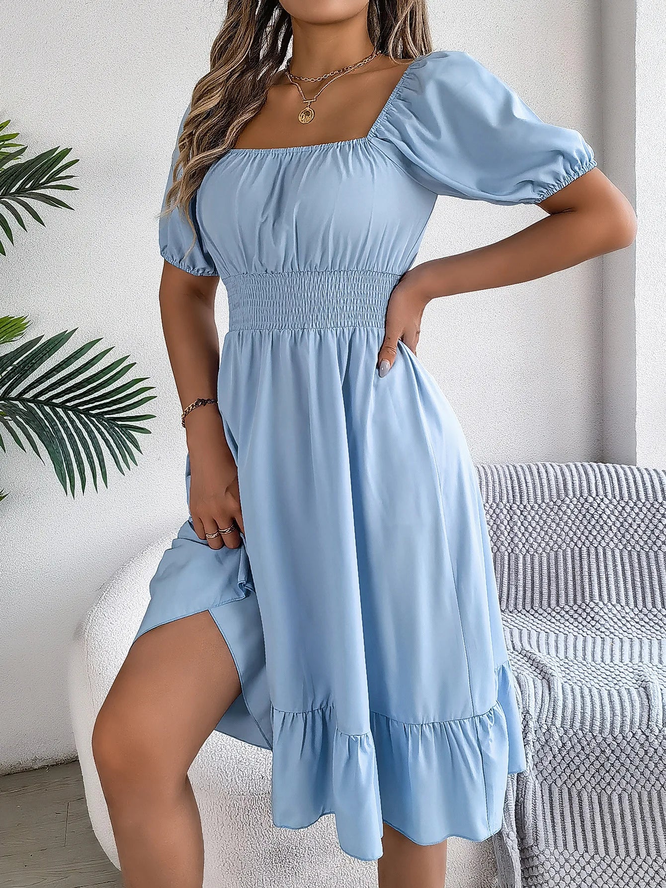Women's MIidi Dresses 2024 Summer Casual Square Neck Short Sleeved Waist Ruffle Edge Dress Dress Women Elegant Платья Женские - Smarsty