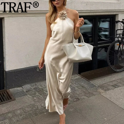 MUJER Flower Halter Dress Woman Off Shoulder Satin Long Dress Women Backless Sexy Evening Dresses Summer Party Dresses For Women
