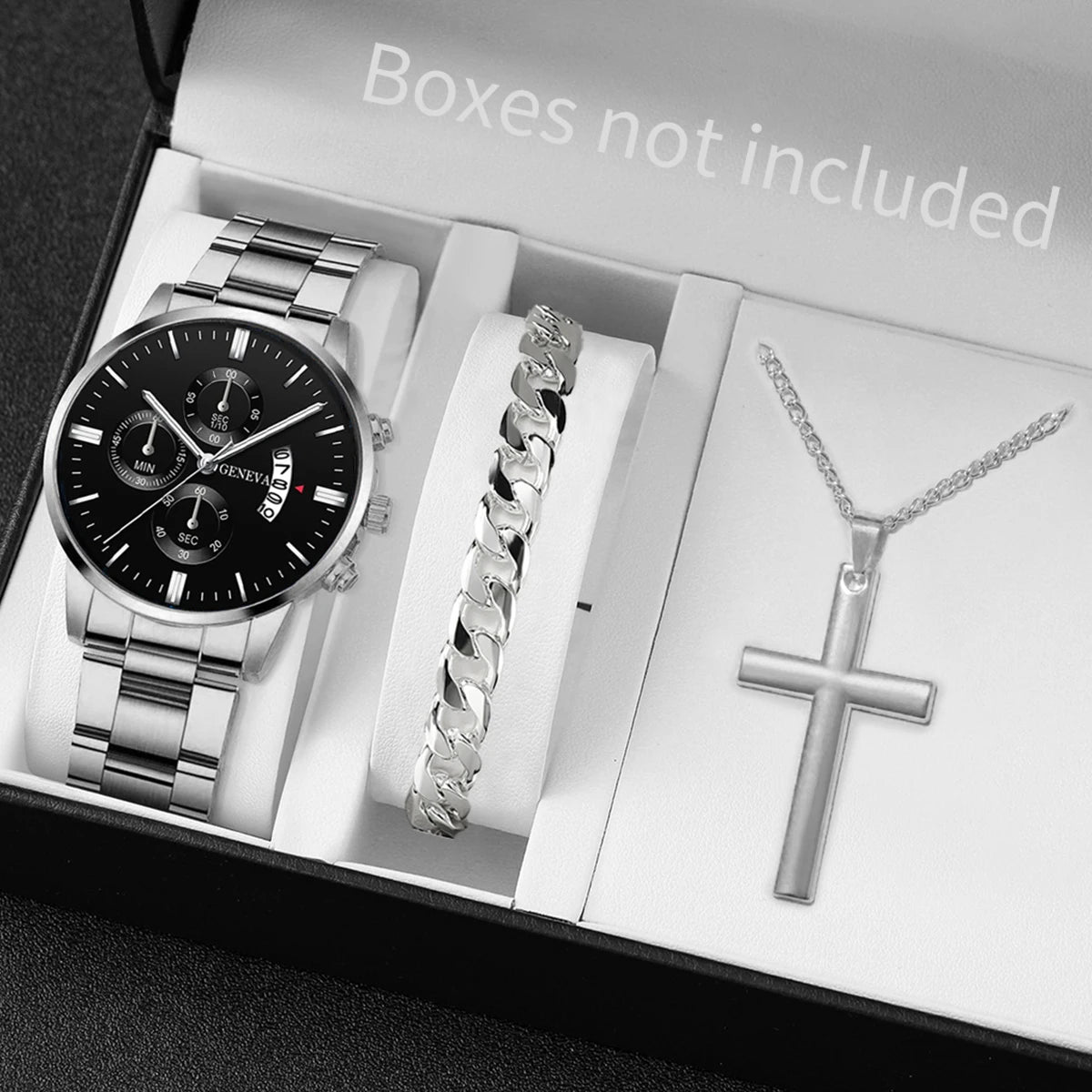 Men's Stainless Steel Quartz Watch Set with Calendar - Smarsty