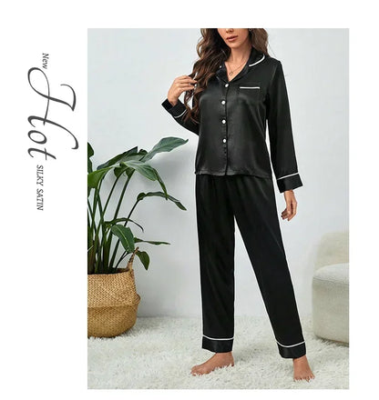 Plus Size Autumn and Winter Silk Pajamas Women Tops and Pants Solid Casual Soft Nightwear Buttons Cardigan Sleepwear Homewear - Smarsty