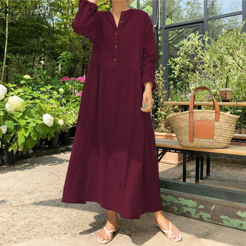 Women's Elegant Solid Cotton Robe Femme 2022 Spring Autumn Bohemian Maxi Dress ZANZEA Casual Long Sleeve Shirt Dresses Oversized - Smarsty