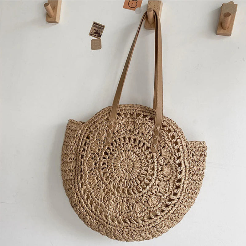 Round Straw Beach Tote for Women Large Capacity Bag - Smarsty