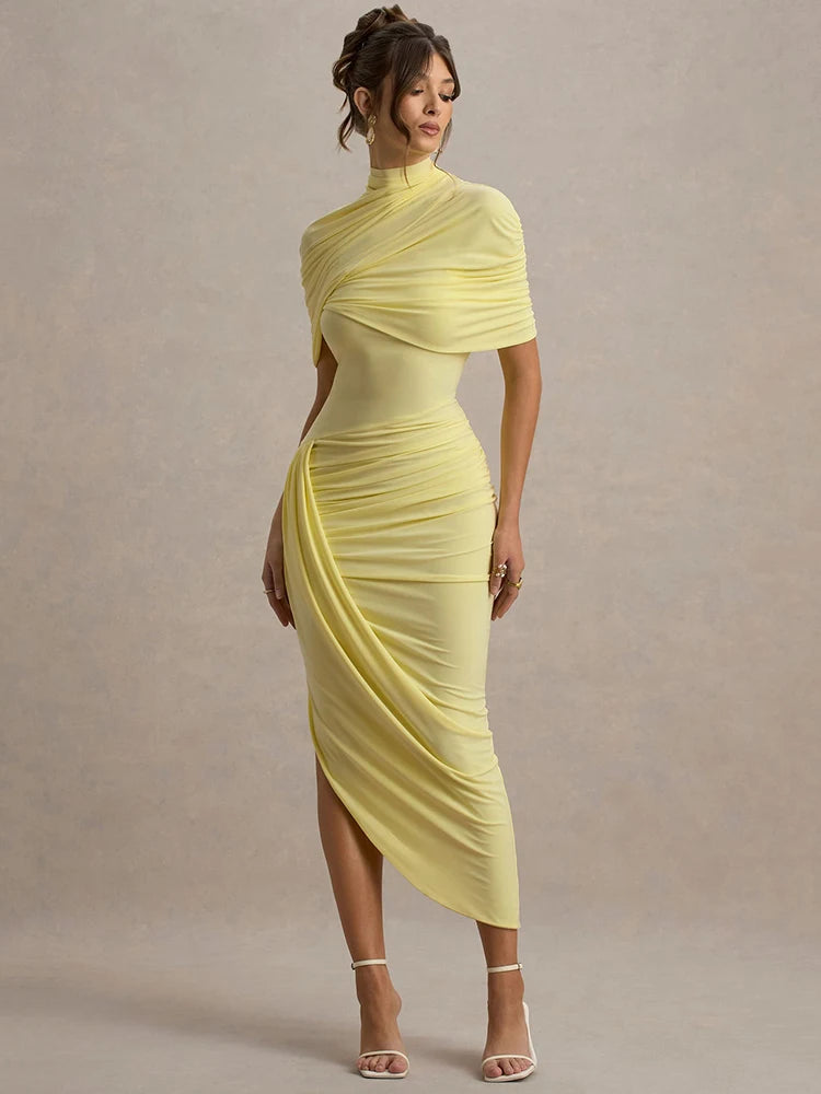 Mozision Half Sleeve Backless Ruched Sexy Maxi Dress Women Summer New Turtleneck Slim High Waist Evening Club Party Long Dress