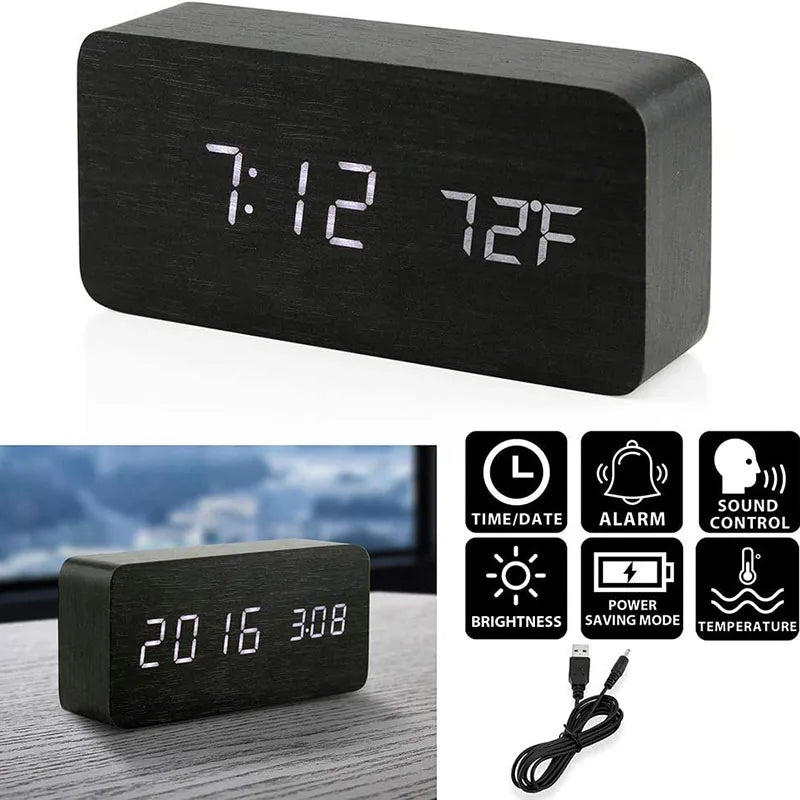 Wooden Digital Alarm Clock with Temperature Display - Smarsty