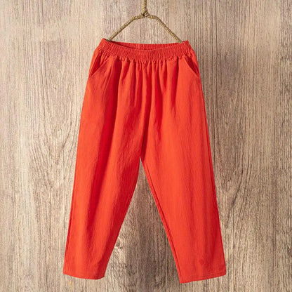 Women Summer Casual Loose Harem Elastic Waist Cotton Linen Pants Ninth Trousers - Smarsty