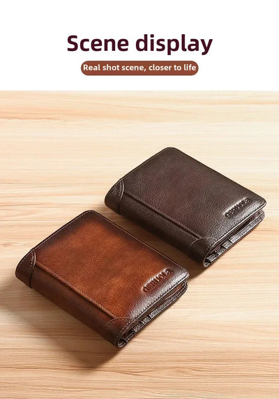 Men Wallet Genuine Leather Rfid Blocking Trifold Wallet Vintage Thin Short Multi Function ID Credit Card Holder Male Purse Money - Smarsty