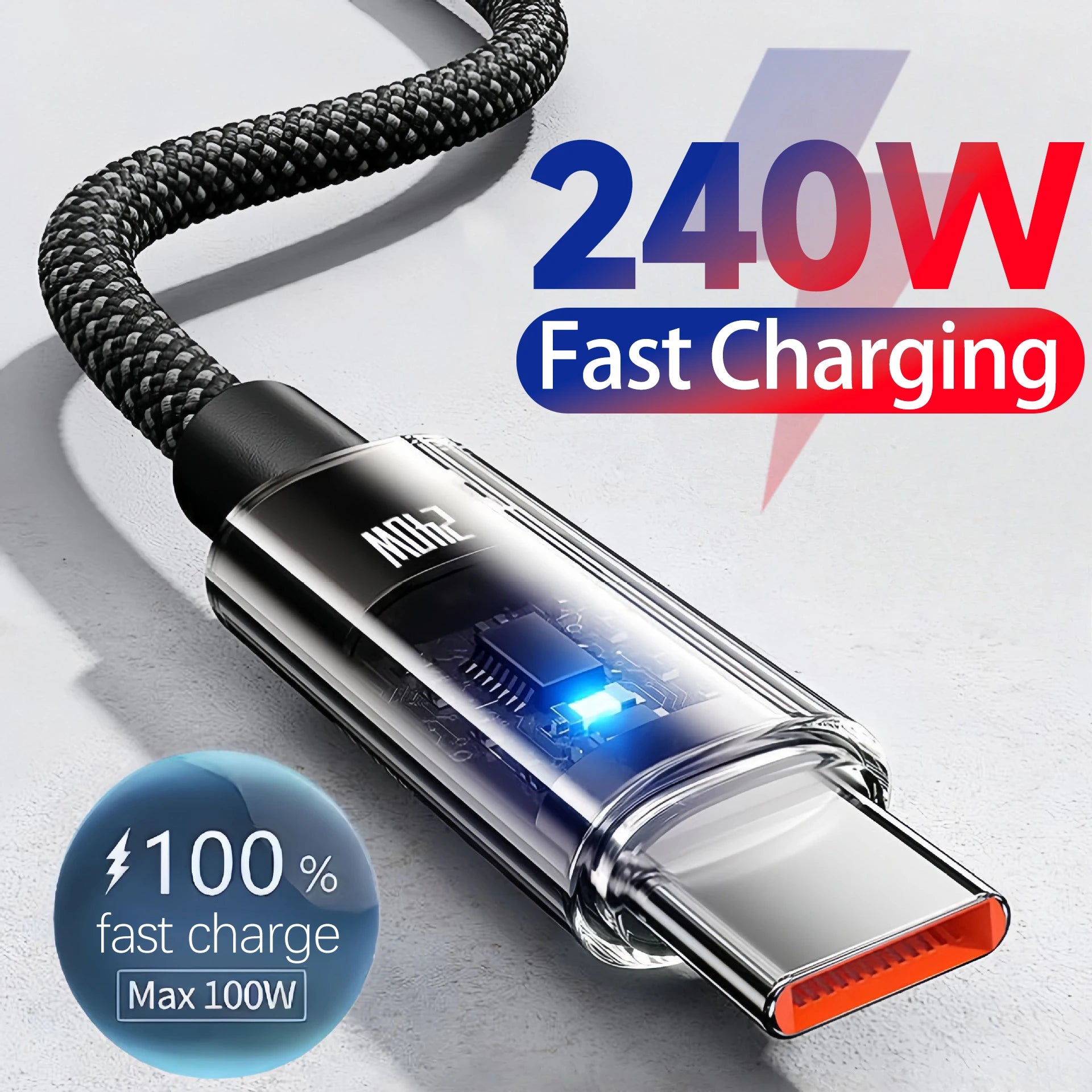 240W Nylon USB Type C Super Fast Charging Cable For Samsung Xiaomi Huawei Honor LED Digital Display USB C Charger Data Cord - Smarsty
