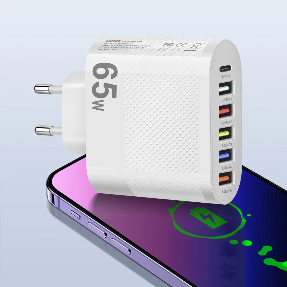 65W USB Charger Includes Six Ports Ultra Fast Type C - Smarsty