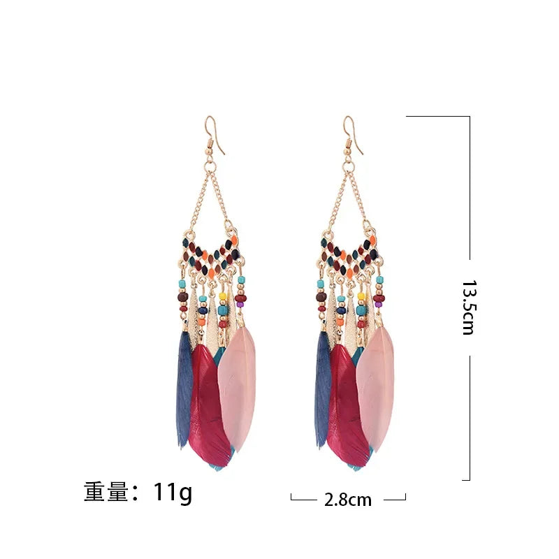 Bohemian Feather Dangle Earrings with Colorful Tassels - Smarsty