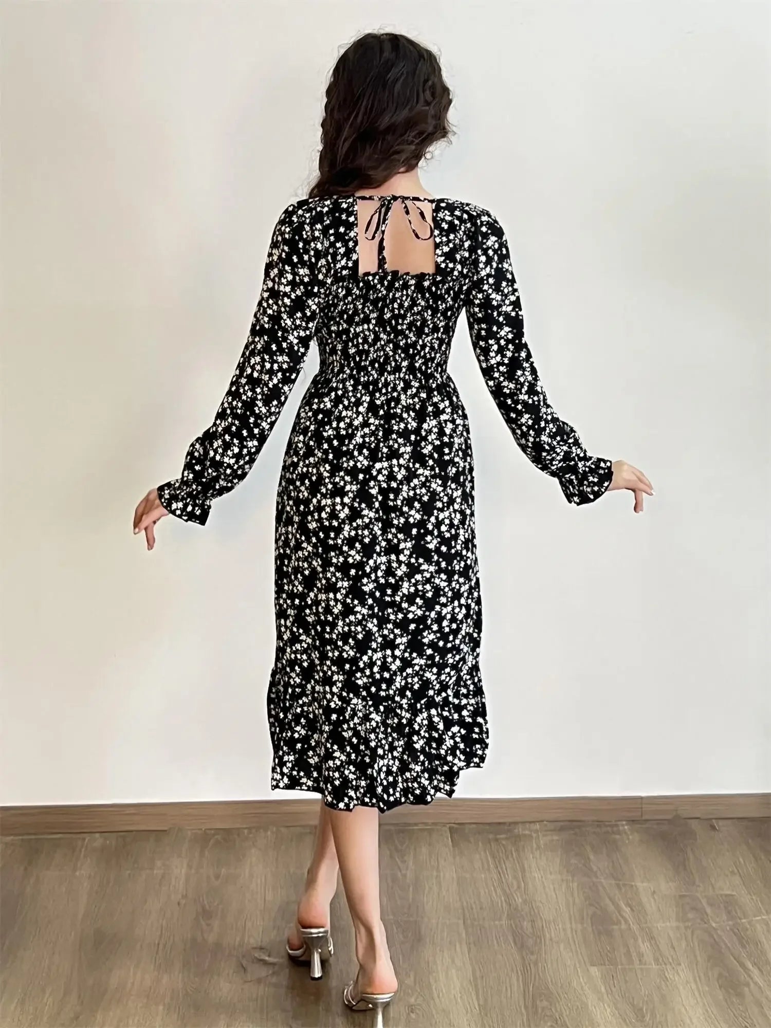 Long Sleeve Casual Dress Women Chiffon Dresses Autumn Spring A-line Printed Floral Elastic Chest Lace Up Midi Dresses Vestidos - Smarsty