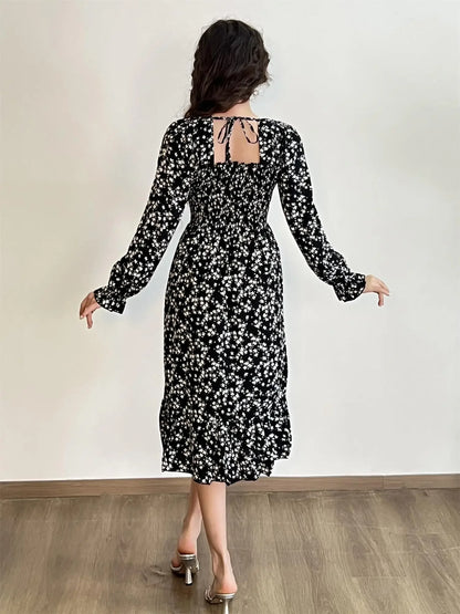 Long Sleeve Casual Dress Women Chiffon Dresses Autumn Spring A-line Printed Floral Elastic Chest Lace Up Midi Dresses Vestidos - Smarsty