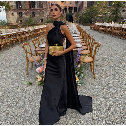 Elegant Women's Ribbon Long Satin Party Dress Halter Backless Sleeveless Female Dresses 2025 Summer Lady Solid Evening Gowns
