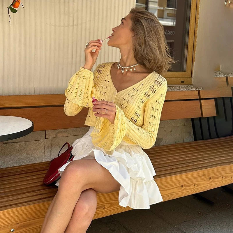 TARUXY Hollow Knitted Cardigan Women's Solid Long Sleeve V Neck Short Sweater Top Summer 2025 New Female Crochet Casual Outwear
