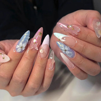 Colorful Press On Almond Nails Set with Pearl Flowers - Smarsty