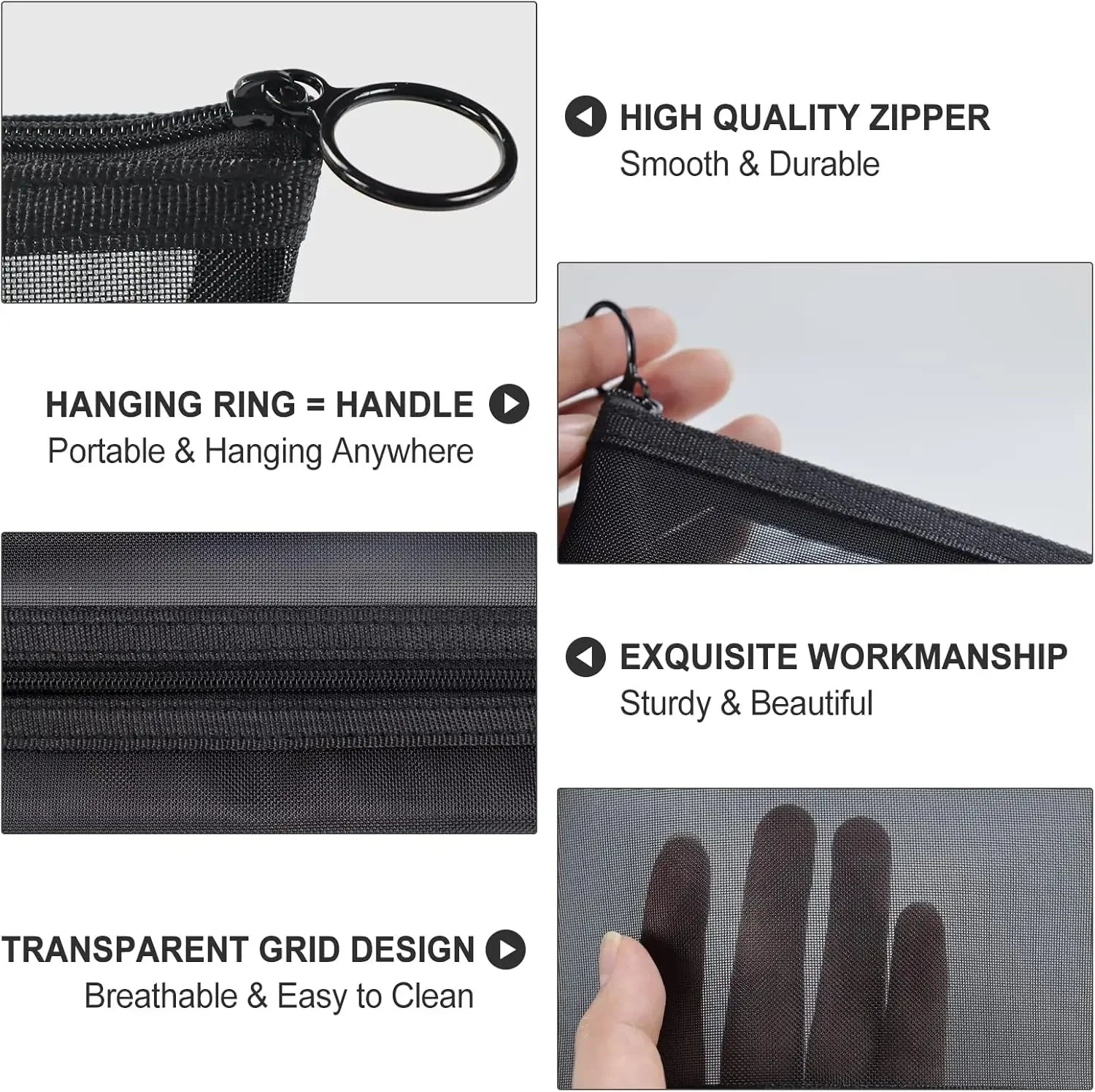 1PC Travel Black Mesh Cosmetic Bag Zipper Makeup Bag For Women Wash Toiletry Bag Makeup Organizer Portable Storage Pouch - Smarsty