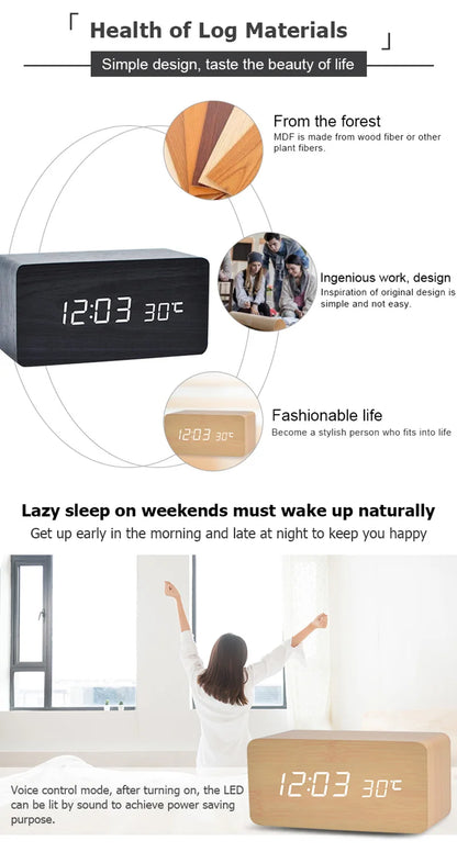 Wooden Digital Alarm Clock with Temperature Display - Smarsty