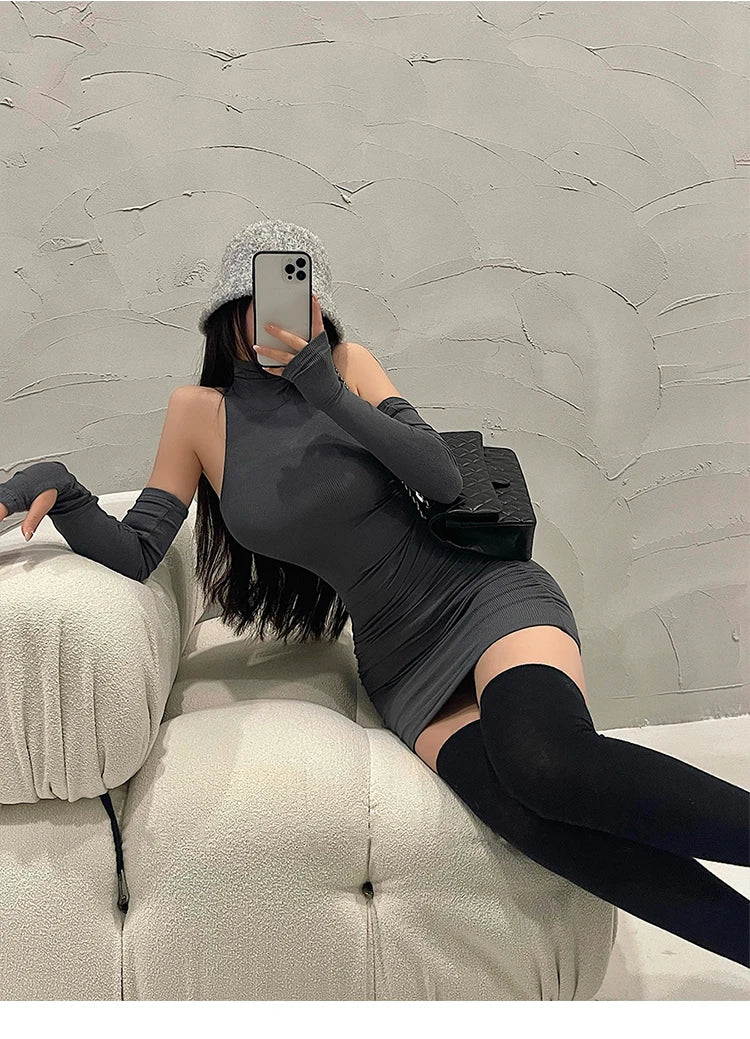 Summer Sexy High Neck Tight Dress Oversleeve Pleated Bottom Wrapped Hip Dress Women Bodycon - Smarsty