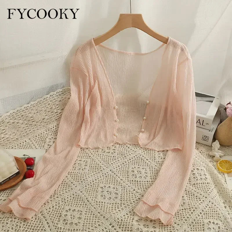 2025 Fairy Style Solid Cardigan Women Summer New Long Sleeve Sunscreen Sweet Beading V-neck Basics Loose Chiffon Cardigan - Smarsty