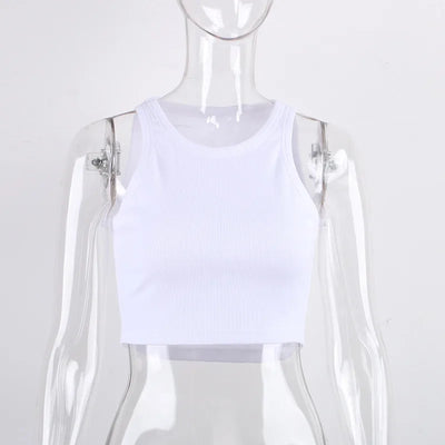 Rib Knit Green Women's Tank Top Summer Casual Basic Skinny Vest Sleeveless White Off Shoulder Y2K Sexy Woman Crop Top - Smarsty