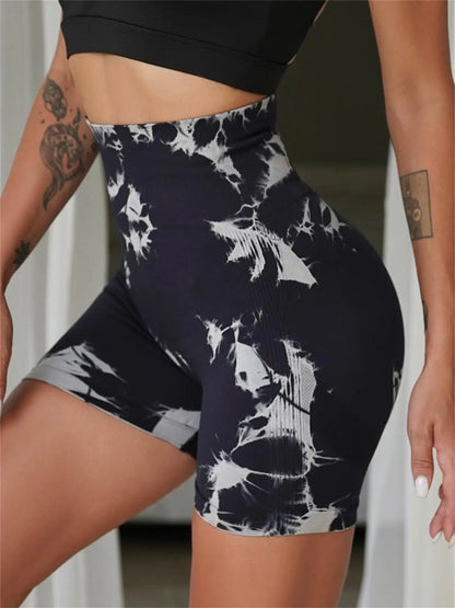 Women's Tie Dye Print Ruched High Waist Sports Shorts, Casual Comfy Breathable Seamless Skinny Shorts for Yoga Gym Workout - Smarsty