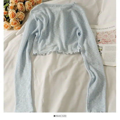 Women Frenum Cardigan Blouses and Tops Bow Lace Up Long Sleeve Crop Top Female Elegant Shirt Thin Aesthetic Clothes Korean Style - Smarsty