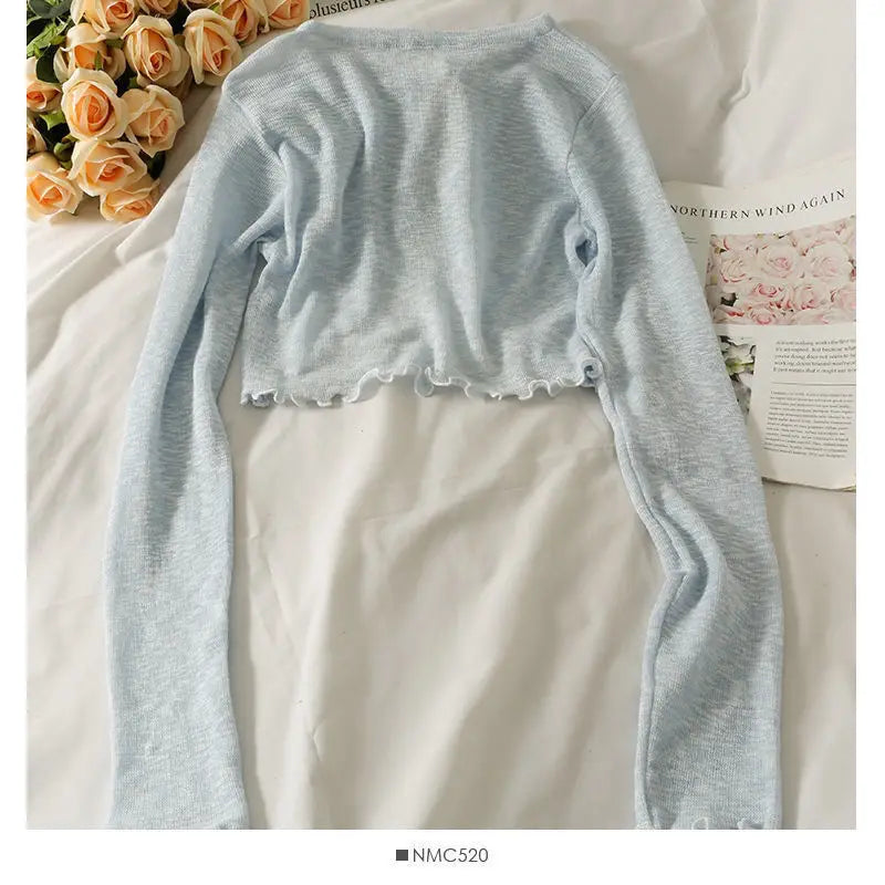 Women Frenum Cardigan Blouses and Tops Bow Lace Up Long Sleeve Crop Top Female Elegant Shirt Thin Aesthetic Clothes Korean Style - Smarsty