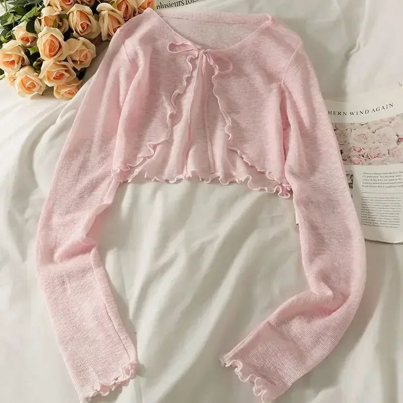 Women Frenum Cardigan Blouses and Tops Bow Lace Up Long Sleeve Crop Top Female Elegant Shirt Thin Aesthetic Clothes Korean Style - Smarsty