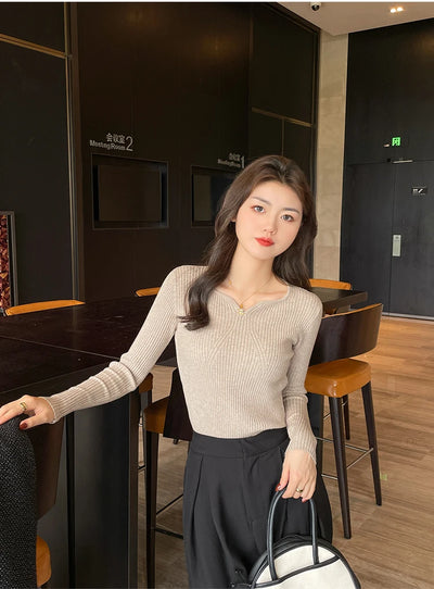 2025 Basic V-neck Chic  Autumn Winter Pullover Women Female Knitted Ribbed Sweater Slim Long Sleeve Badycon High Quality Sweater - Smarsty