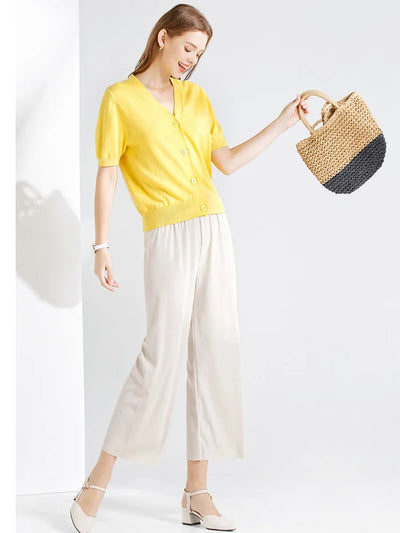 Women Ankle-Length Wide Leg Pants Casual Summer Solid Elastic Waist Loose Ice Silk Pants Spring Summer Female Trousers - Smarsty