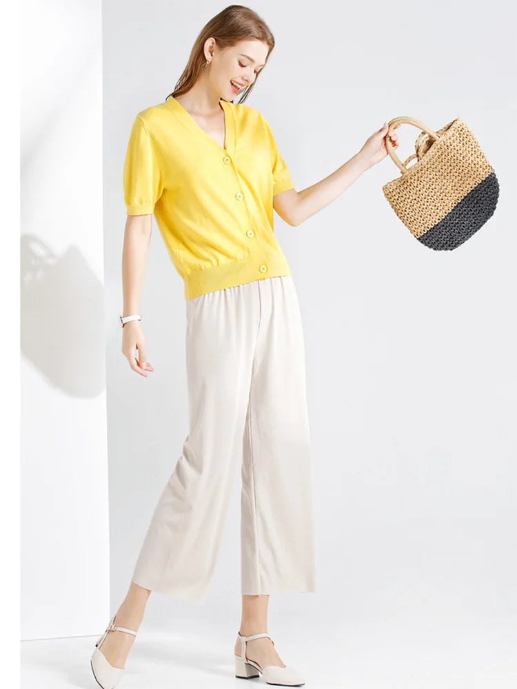 Women Ankle-Length Wide Leg Pants Casual Summer Solid Elastic Waist Loose Ice Silk Pants Spring Summer Female Trousers - Smarsty